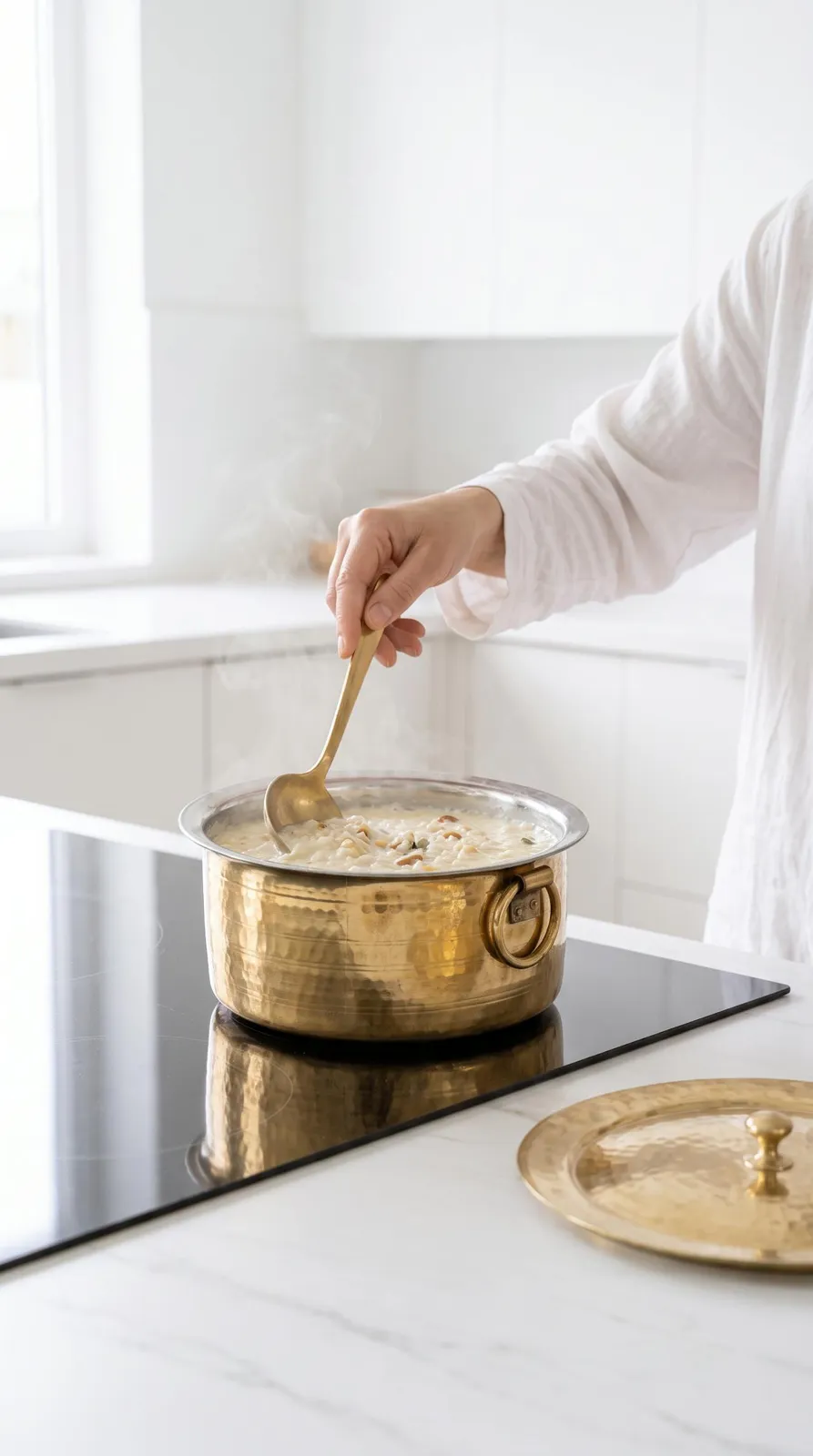 Stirring kheer in a brass patila in a modern white kitchen