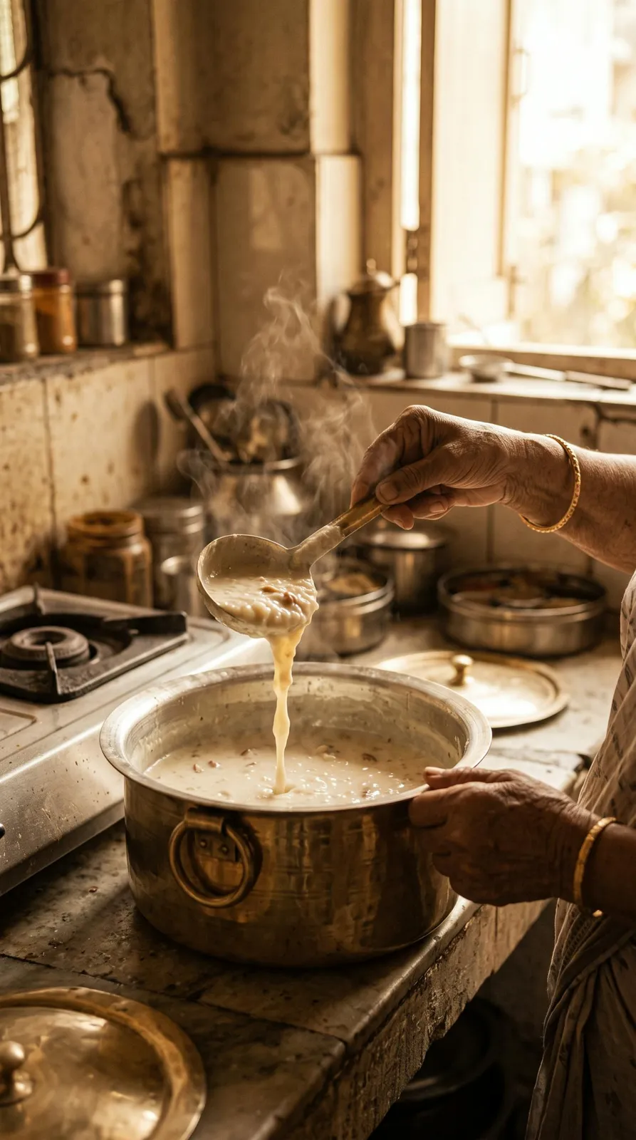 An older woman pouring milk into a brass patila on a traditional stove