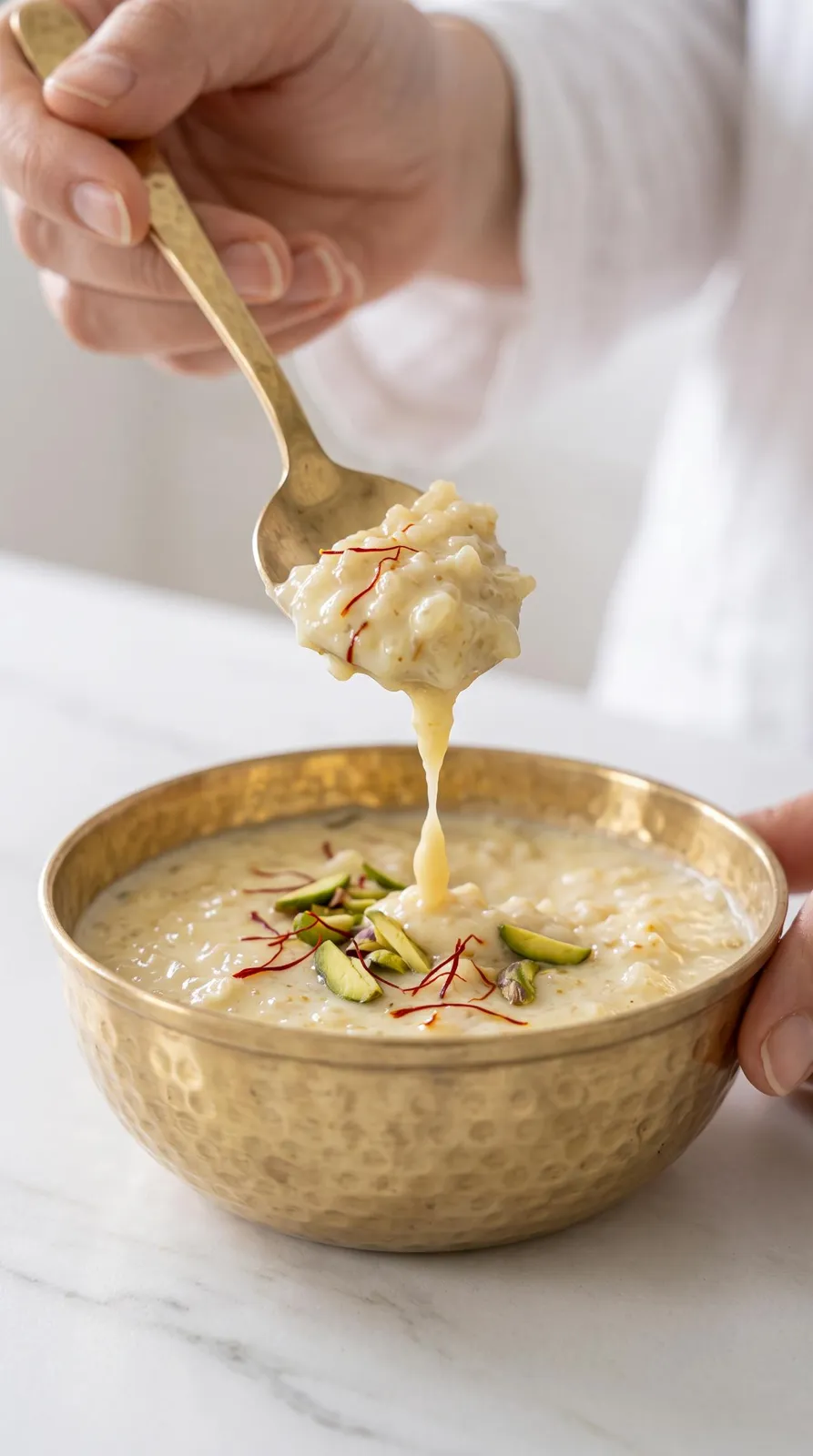 A spoonful of kheer over a brass bowl