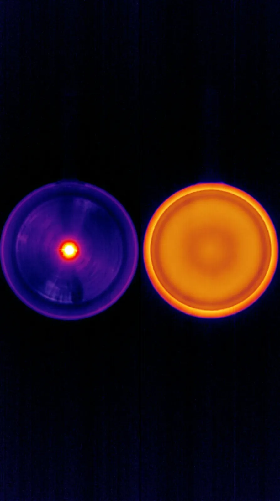 Illustration: steel base with one hot spot next to a brass base heated evenly